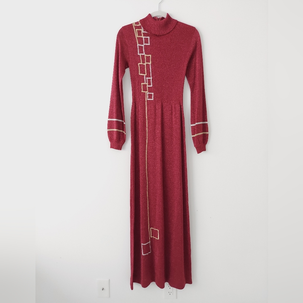 Vtg Wenjilli 70's Maxi Dress Metallic Knit Lurex Turtleneck Sz 9/10 Long Sleeve